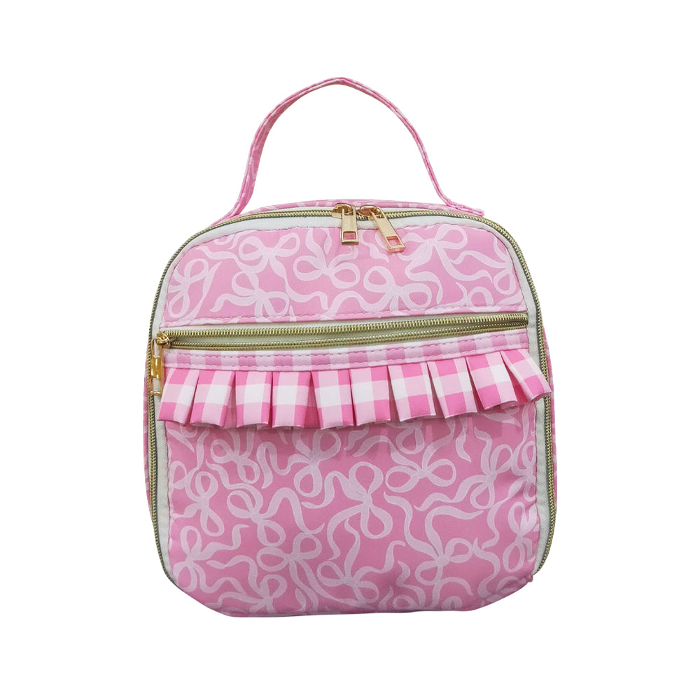 NO MOQ RTS BA0310 Kids Bag Pink Bow Gingham Ruffle Mixed Print Portable Insulated Lunch Bag 202610