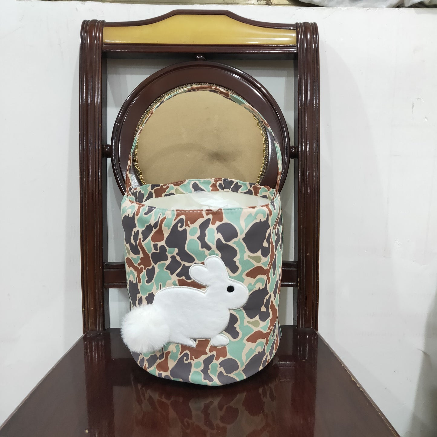 BA0387  embroidery camo Easter rabbit canvas bag RTS