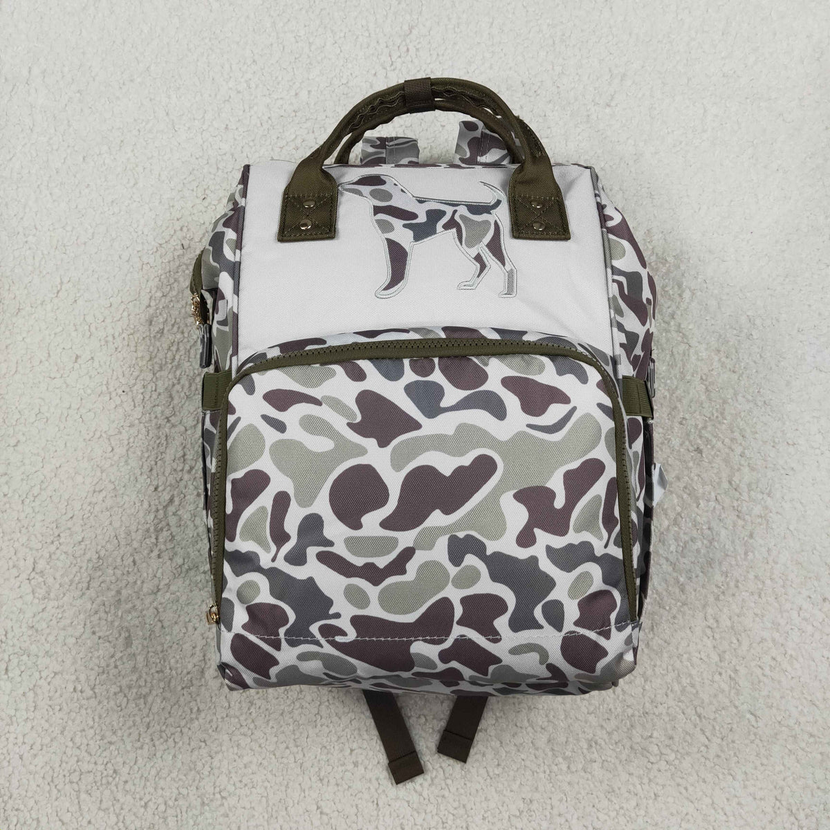 NO MOQ RTS BA0403(1)-embroidery Baby Bag Hunting Dog Embroidery Camo Print Diaper Backpack 202610