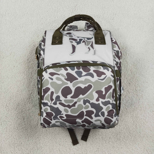 NO MOQ RTS BA0403(1)-embroidery Baby Bag Hunting Dog Embroidery Camo Print Diaper Backpack 202610