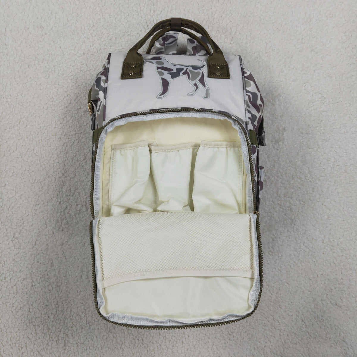 NO MOQ RTS BA0403(1)-embroidery Baby Bag Hunting Dog Embroidery Camo Print Diaper Backpack 202610