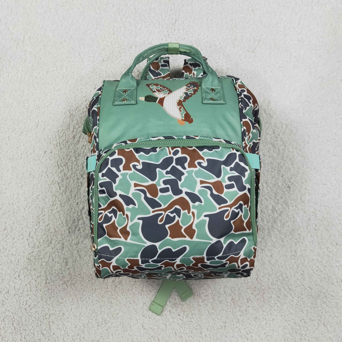 NO MOQ RTS BA0404 Baby Bag Mallard Duck Embroidery Camo Print Diaper Backpack 202610