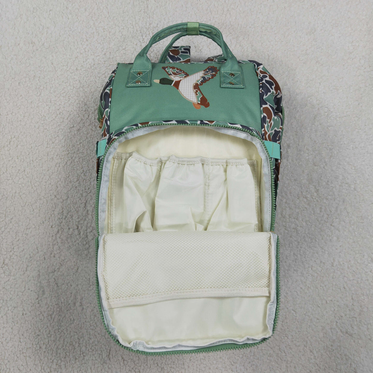 NO MOQ RTS BA0404 Baby Bag Mallard Duck Embroidery Camo Print Diaper Backpack 202610