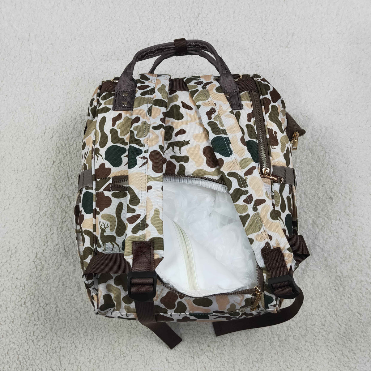 NO MOQ RTS BA0407 Baby Bag Deer Turkey Hunting Camo Print Diaper Backpack 202610