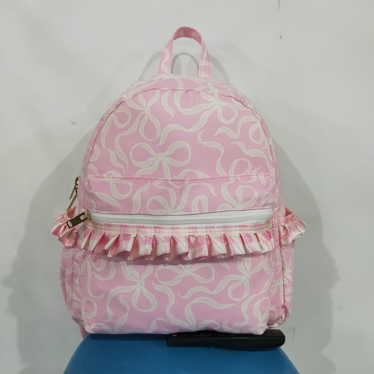 NO MOQ RTS BA0459 Baby Girl Bag Pink Bow Ribbon Print Ruffle Decor Mini Backpack 202610