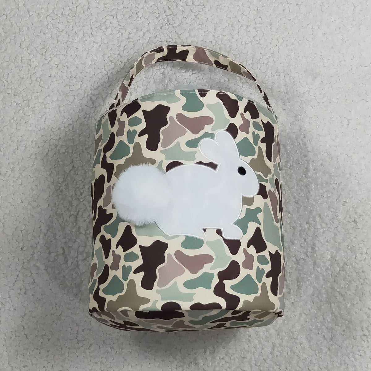 NO MOQ RTS BA0465(2)-embroidery Baby Girl Bag Vintage Camo Print Fluffy Bunny Applique Easter Basket 202610