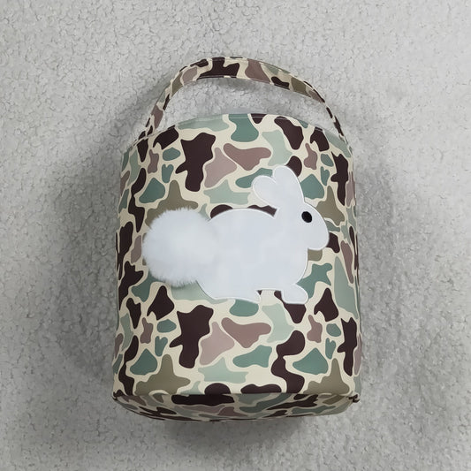 NO MOQ RTS BA0465(2)-embroidery Baby Girl Bag Vintage Camo Print Fluffy Bunny Applique Easter Basket 202610