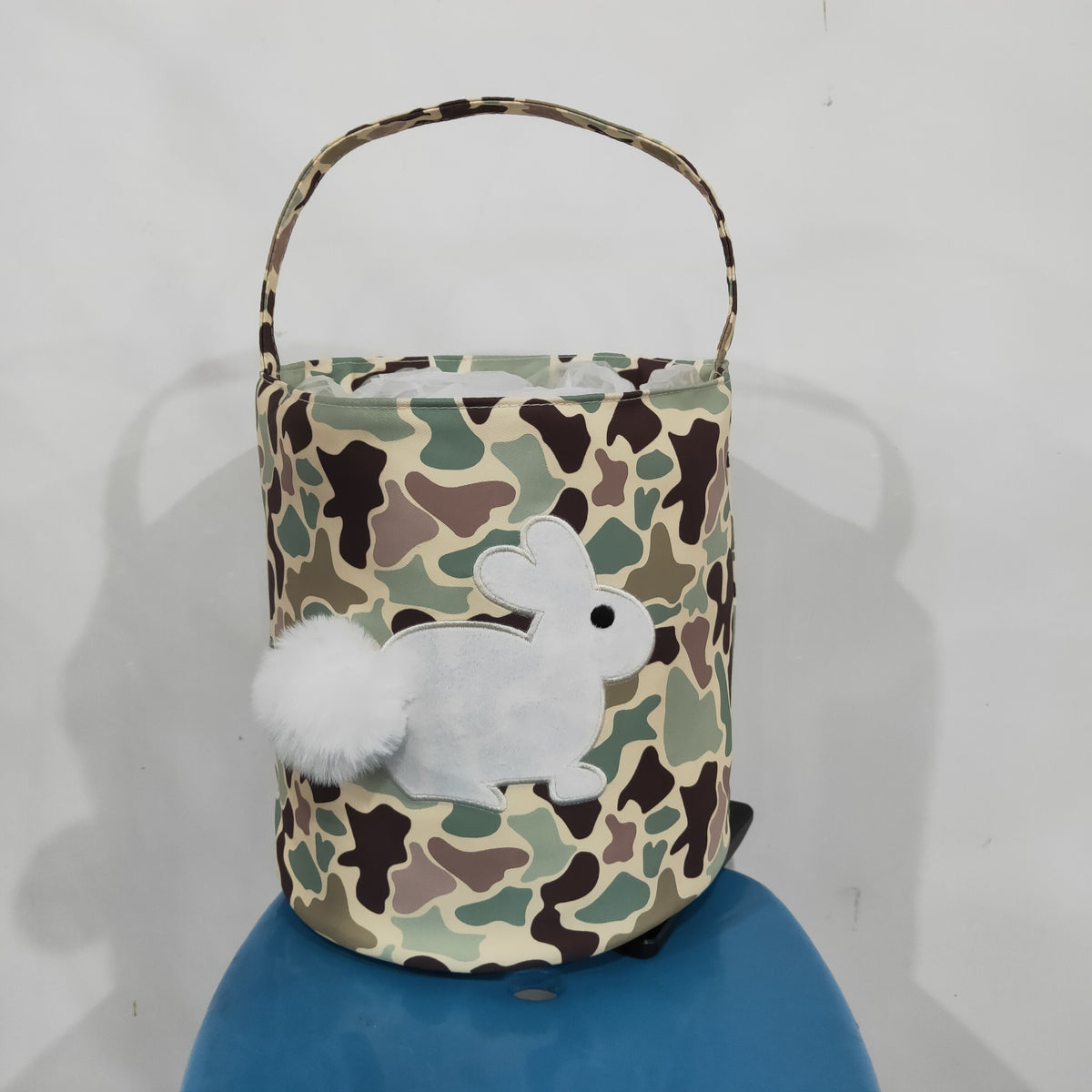 NO MOQ RTS BA0465(2)-embroidery Baby Girl Bag Vintage Camo Print Fluffy Bunny Applique Easter Basket 202610