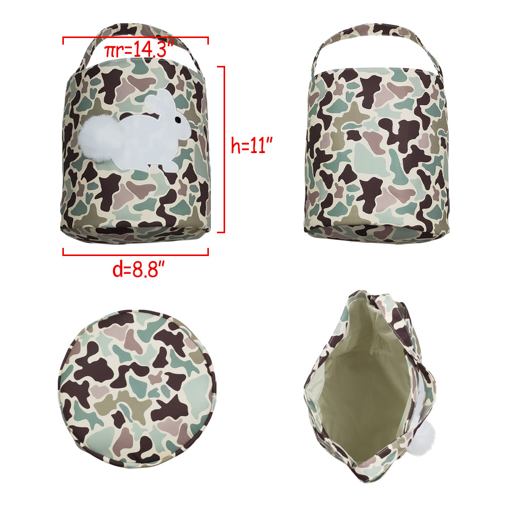 NO MOQ RTS BA0465(2)-embroidery Baby Girl Bag Vintage Camo Print Fluffy Bunny Applique Easter Basket 202610