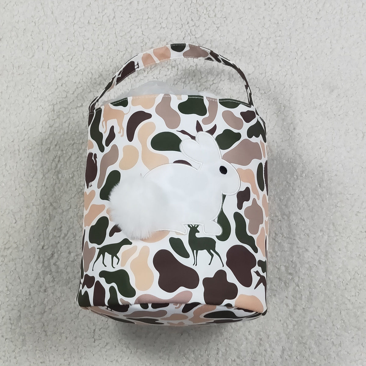 NO MOQ RTS BA0466(2)-embroidery Baby Girl Bag Hunting Camo Animal Print Fluffy Bunny Applique Easter Basket 202610