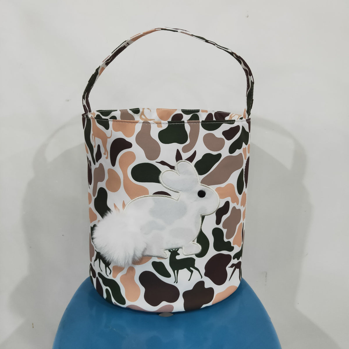 NO MOQ RTS BA0466(2)-embroidery Baby Girl Bag Hunting Camo Animal Print Fluffy Bunny Applique Easter Basket 202610