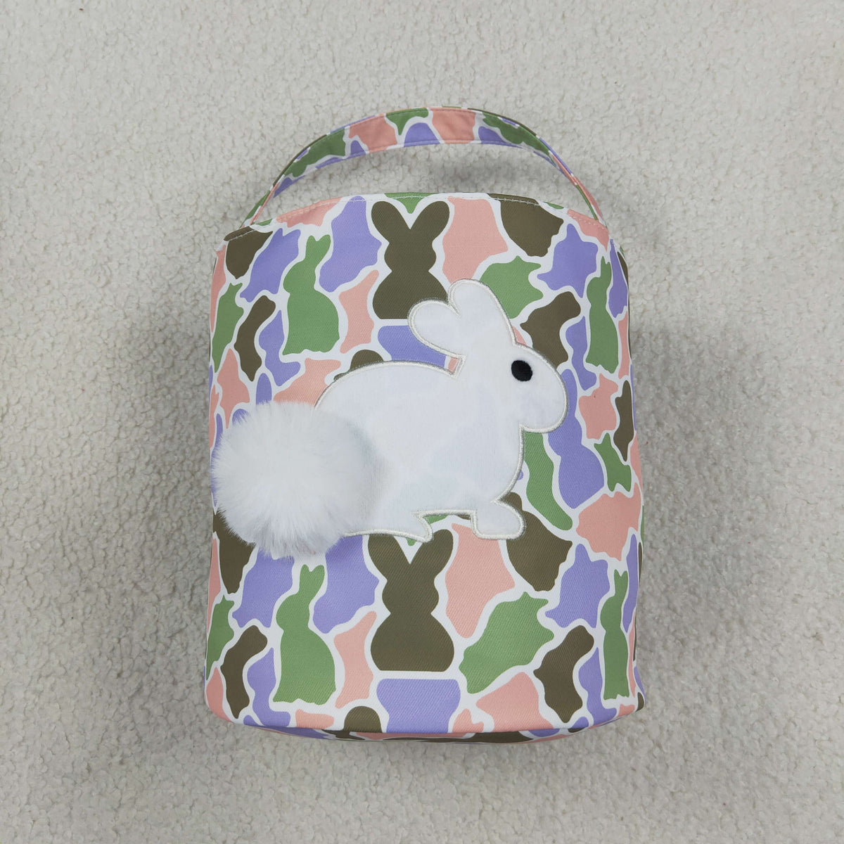 NO MOQ RTS BA0467(5)-embroidery Baby Girl Bag Bunny Silhouette Camo Print Fluffy Bunny Applique Easter Basket 202610