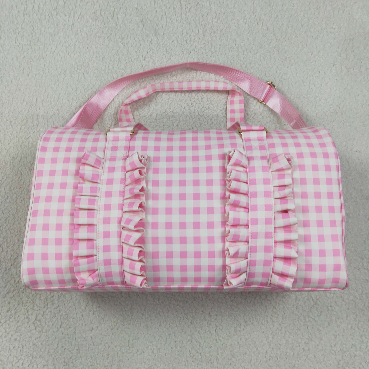 NO MOQ RTS BA0469 Girl Bag Pink Gingham Ruffle Print Travel Duffle Bag 202610