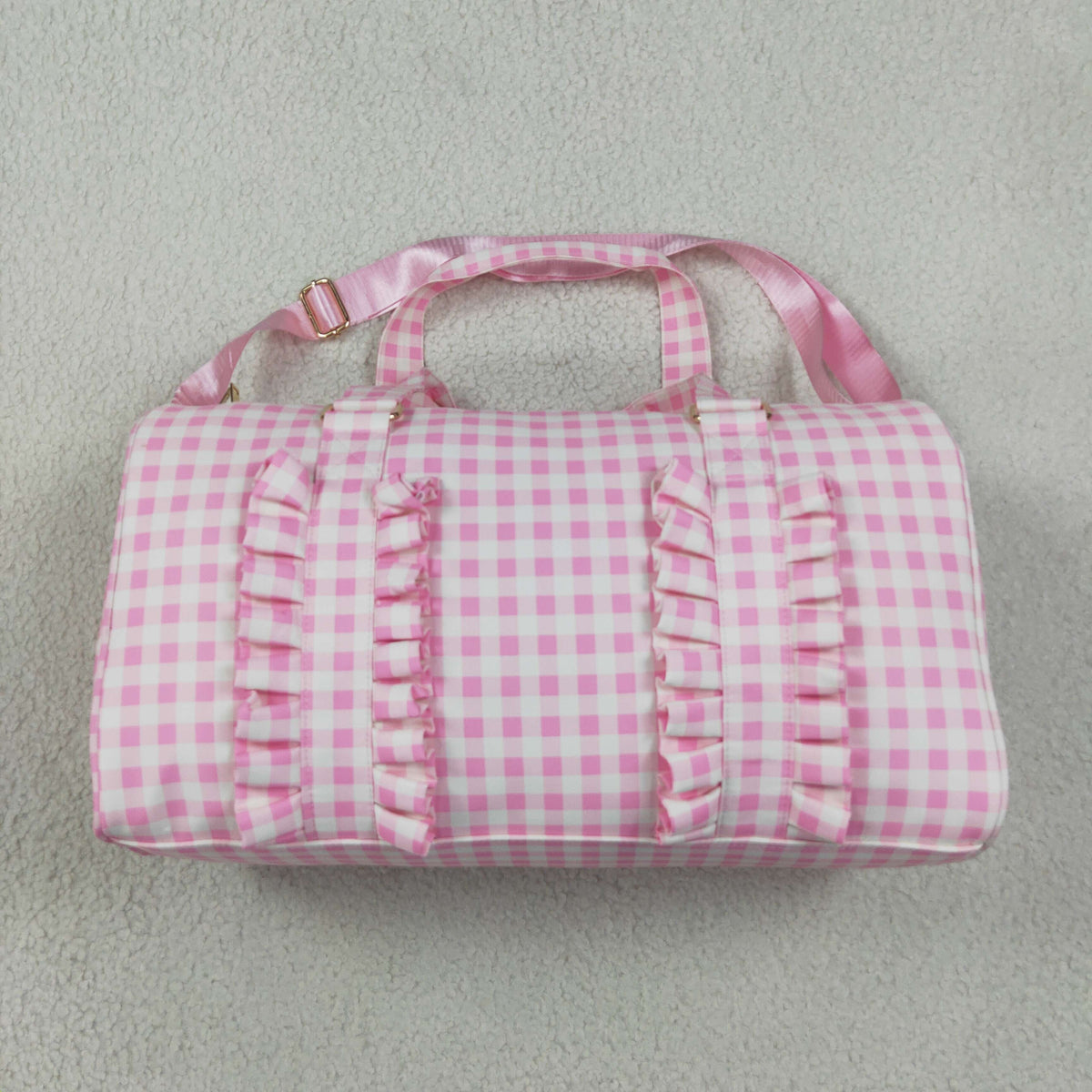 NO MOQ RTS BA0469 Girl Bag Pink Gingham Ruffle Print Travel Duffle Bag 202610