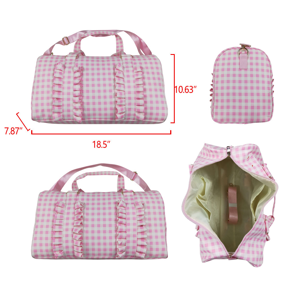 NO MOQ RTS BA0469 Girl Bag Pink Gingham Ruffle Print Travel Duffle Bag 202610