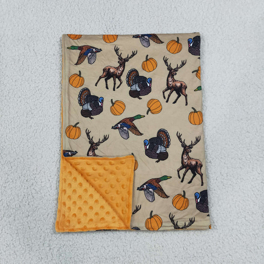 NO MOQ RTS BL0292(2) Baby Minky Dot Blanket Deer Turkey Duck Pumpkin Fall Hunting Print Soft Double Layer Swaddle Blanket 202609