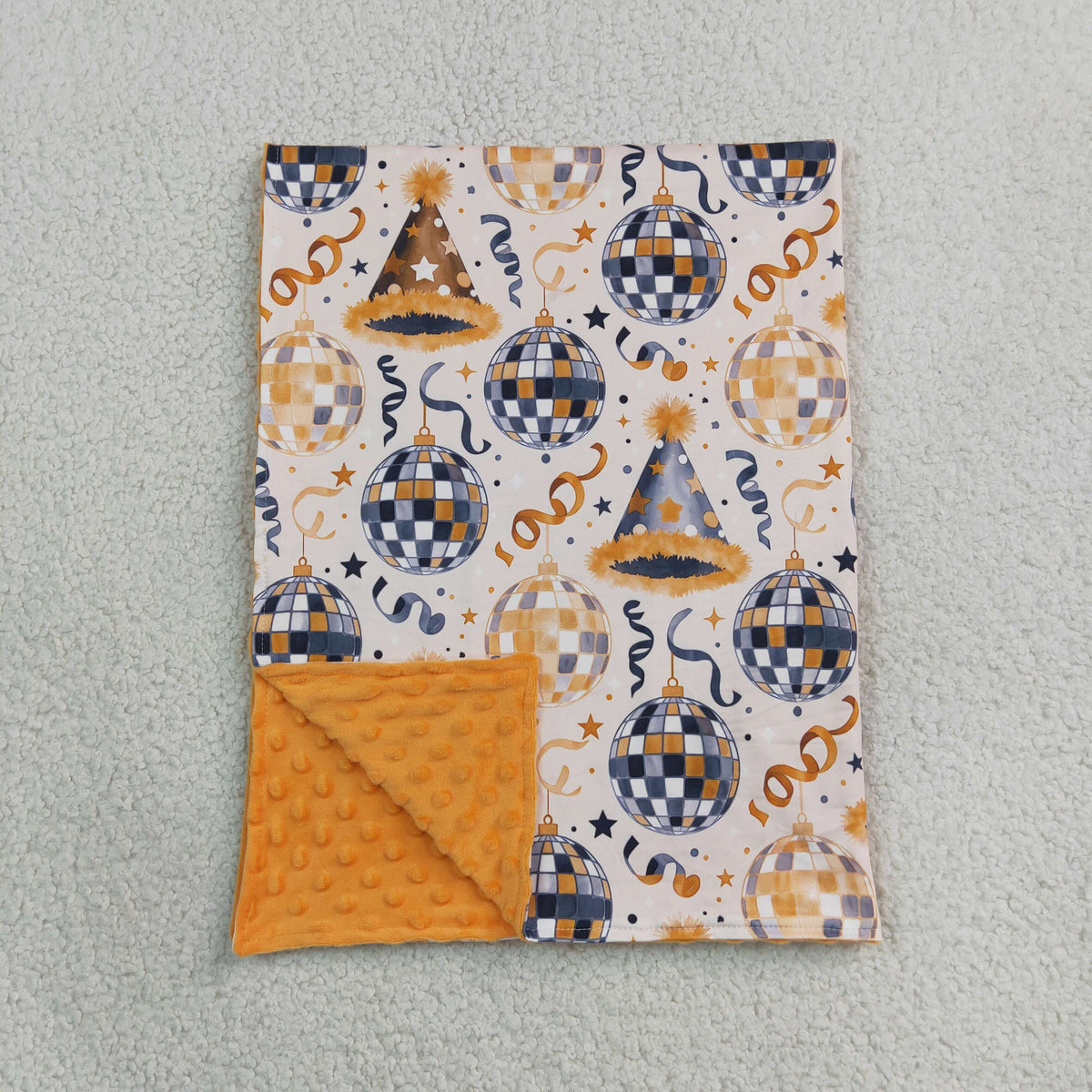 NO MOQ RTS BL0298(1) Baby Blanket Disco Ball Party Hat Ribbon Print Orange Minky Dot Double Layer Swaddle Blanket 202609