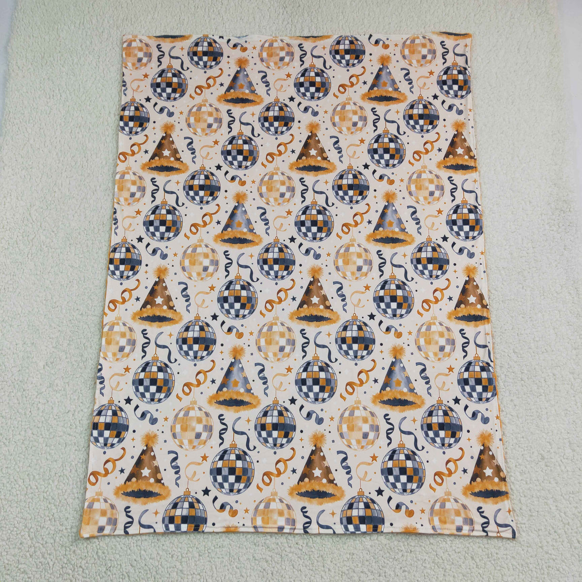 NO MOQ RTS BL0298(1) Baby Blanket Disco Ball Party Hat Ribbon Print Orange Minky Dot Double Layer Swaddle Blanket 202609