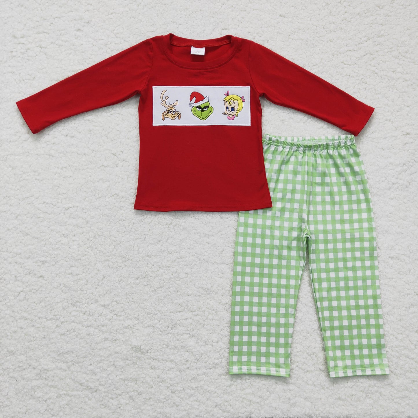 BLP0006 RTS Christmas red cartoon print long sleeve green plaid pants boy outfit Pajamas 20230628 RTS