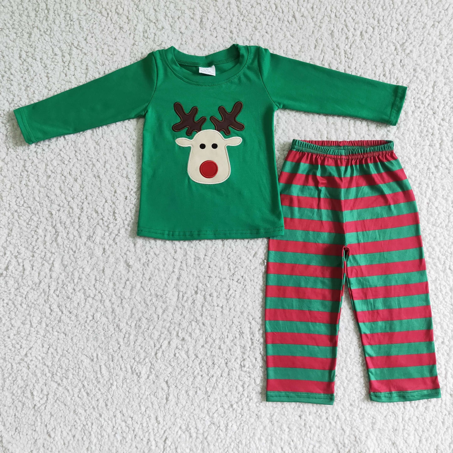 BLP0008 RTS long sleeve green top elk deer print red stripe pants boy outfit Christmas 20230708