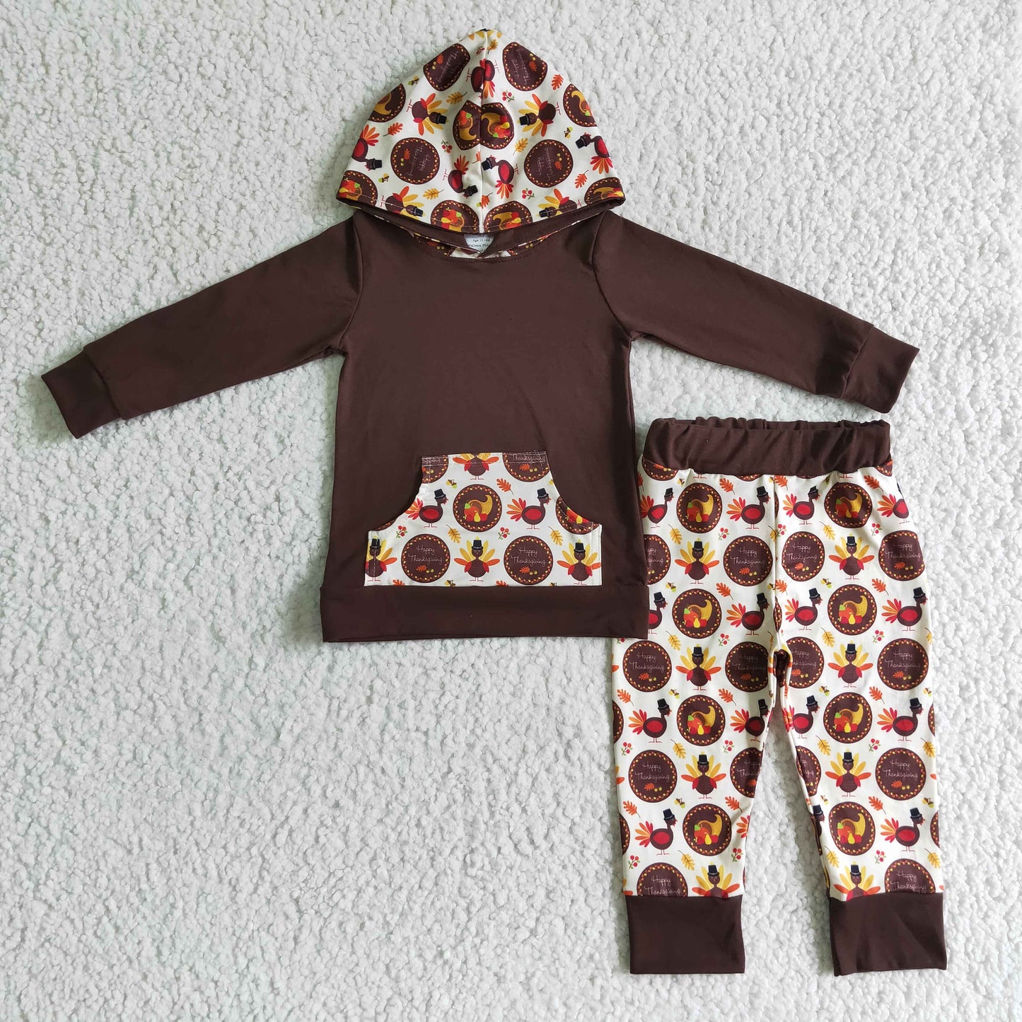 Promotion 202410 RTS brown hoodie pocket Thanksgiving long sleeve jogging pants boy outfit