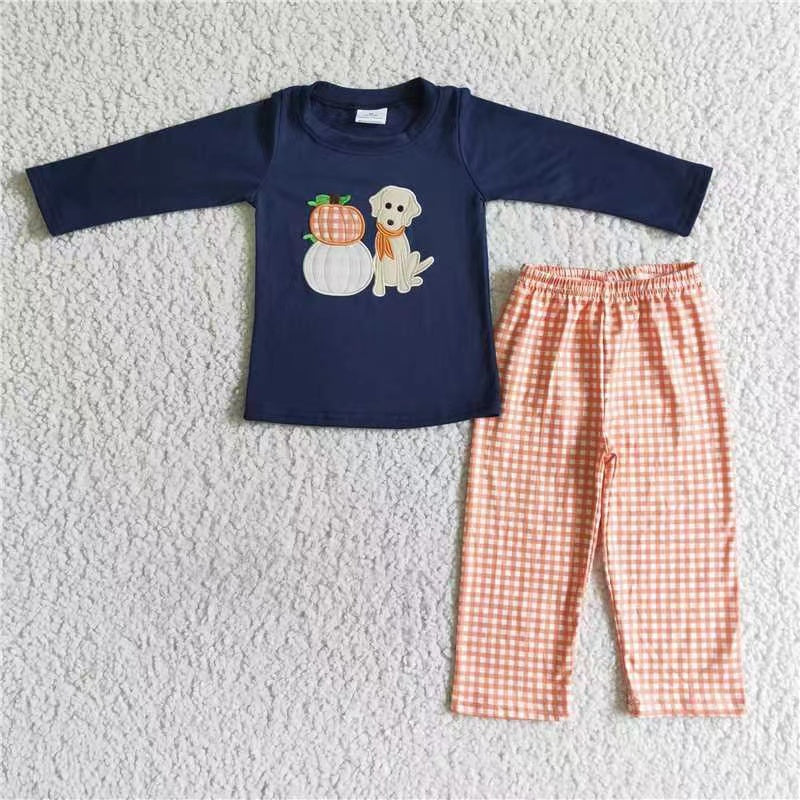 RTS BLP0038 blue long sleeve dog orange pumpkin embroidered Orange plaid pants boy outfit RTS 20230524