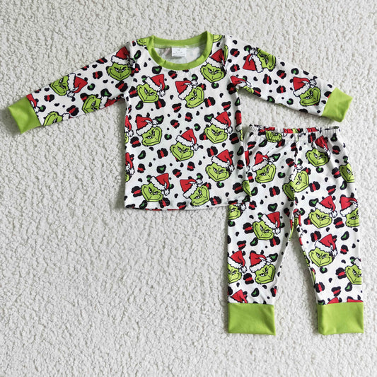 BLP0076 merry Christmas green grin long sleeve jogger boy pajamas outfit 20230612 RTS