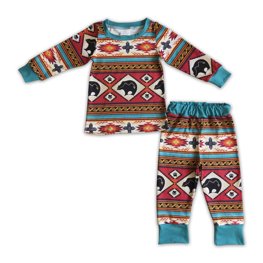 promotion BLP0100 Blue Brown Bear Geometry long sleeve boy pajamas outfit 20230314 rts