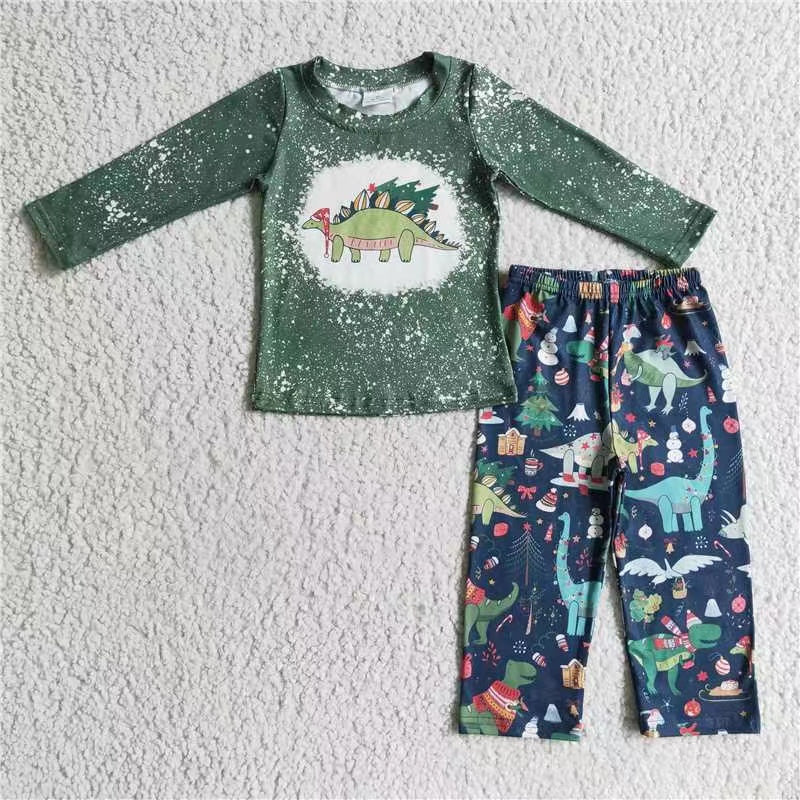 202408 RTS promotion BLP0105 christmas dinosaur green long sleeve boy pajamas outfit set RTS