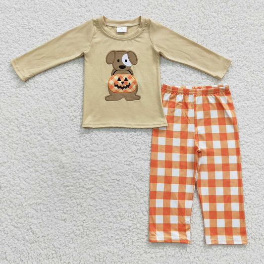 BLP0170 embroidery pumpkin dog halloween long sleeve boy outfit RTS 20230614