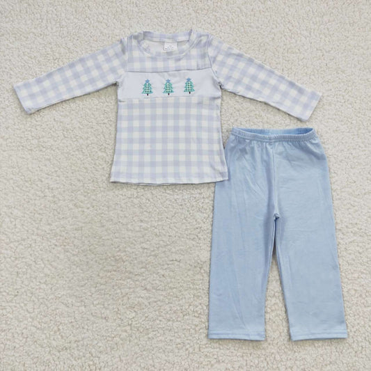 BLP0178 Christmas tree embroidery blue plaid long sleeve boy outfit 20230720 RTS