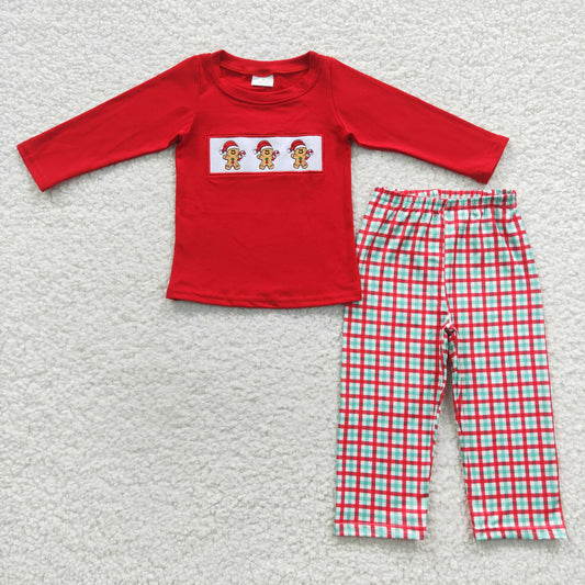 promotion $5.5 2026.10.17 BLP0202  Baby Girl Clothes Christmas Gingerbread Applique Long Sleeve Top Plaid Pant Set