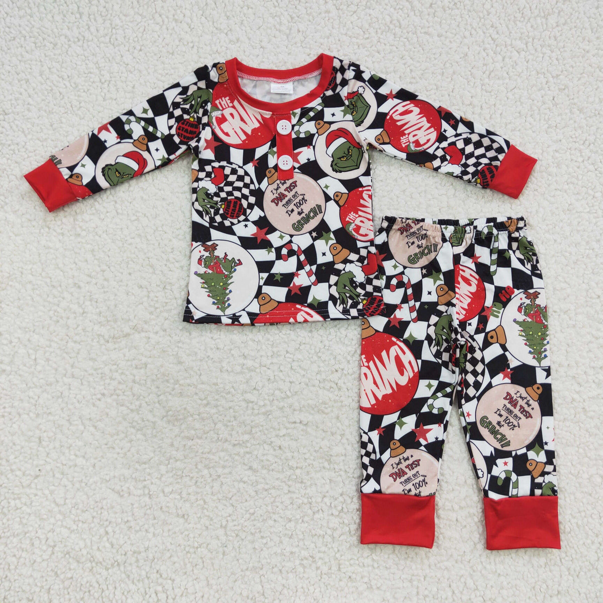 promotion $5.5 2026.10.24 BLP0208 Baby Girl Clothes Christmas Grinch Checker Mixed Print Long Sleeve Pajama Set