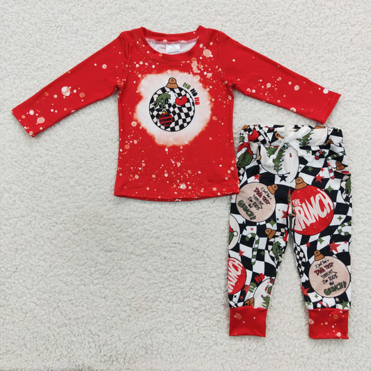 promotion $5.5 2026.10.24 BLP0209 Baby Girl Clothes Christmas Grinch Splotch Bleach Mixed Print Long Sleeve Pajama Set