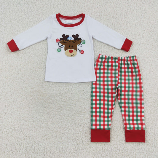 promotion $5.5 2026.10.17 BLP0218 Baby Girl Clothes Christmas Reindeer Applique Long Sleeve Top Plaid Pant Set