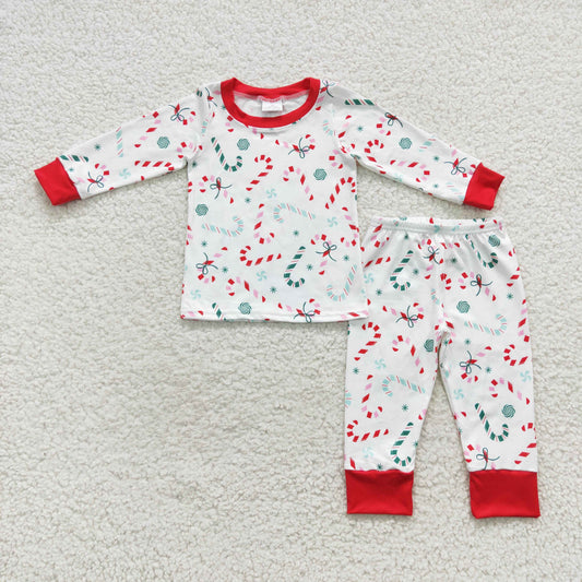promotion $5.5 2026.10.24 BLP0253 Baby Girl Clothes Christmas Candy Cane Stripe Print Long Sleeve Pajama Set