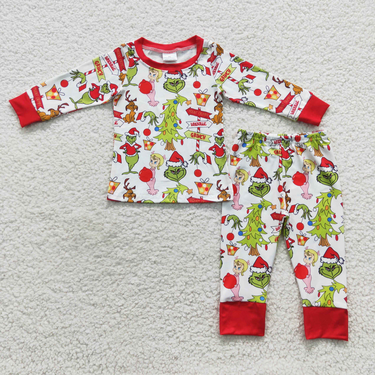 promotion $5.5 2026.10.24 BLP0256 Baby Girl Clothes Christmas Grinch Tree Character Print Long Sleeve Pajama Set