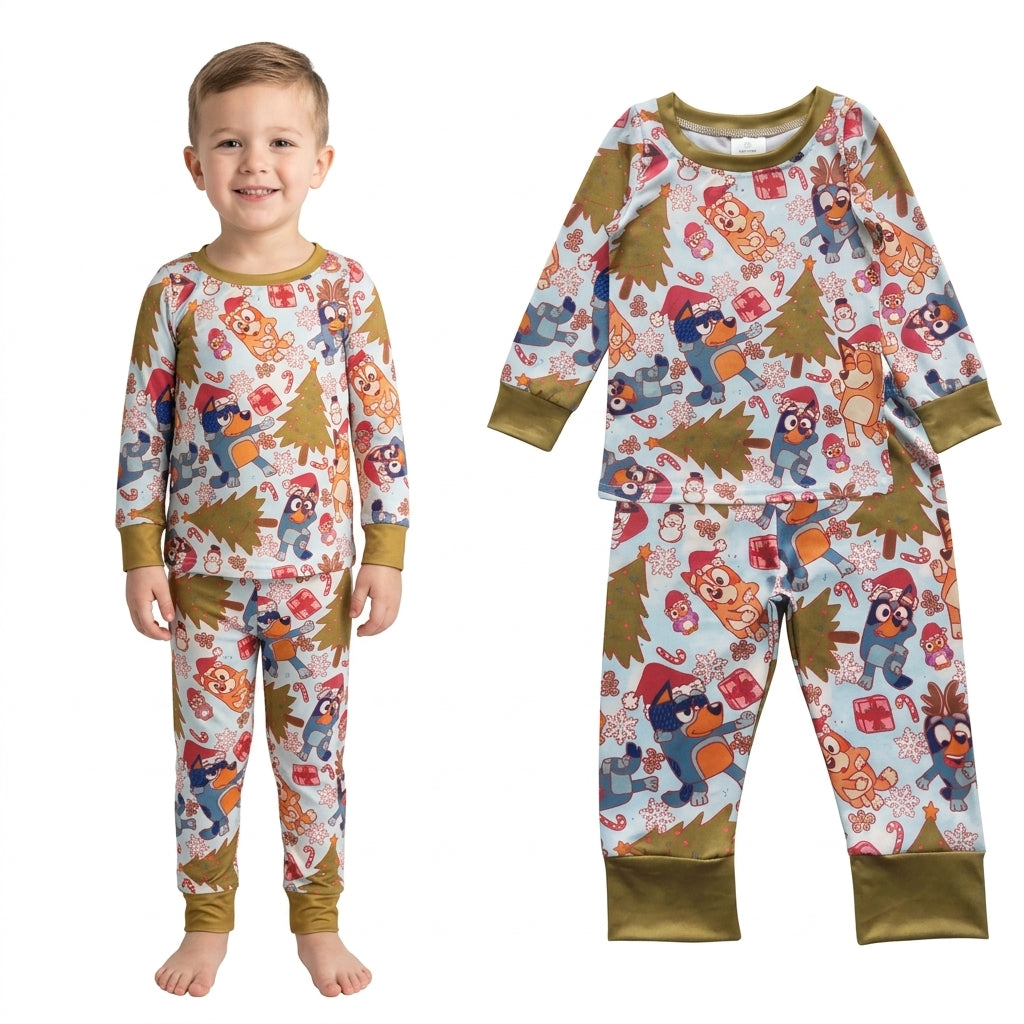 NO MOQ RTS BLP0258 Baby Boy Clothes Christmas Cartoon Dog Character Allover Print Long Sleeve Cuff Pant Pajama Clothes Set 202610