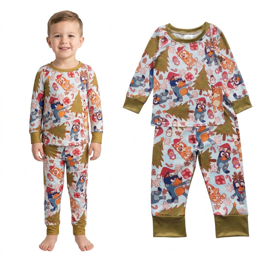 NO MOQ RTS BLP0258 Baby Boy Clothes Christmas Cartoon Dog Character Allover Print Long Sleeve Cuff Pant Pajama Clothes Set 202610