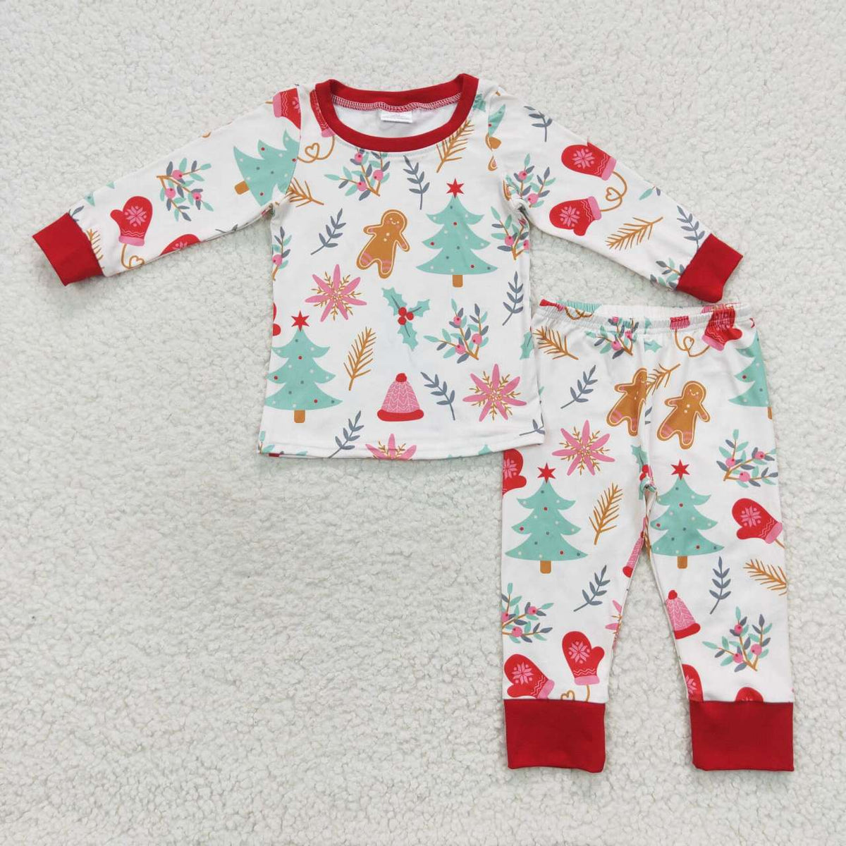 NO MOQ RTS BLP0264 Baby Girl Clothes Christmas Gingerbread Tree Mixed Print Long Sleeve Regular Pant Pajama Set 202610