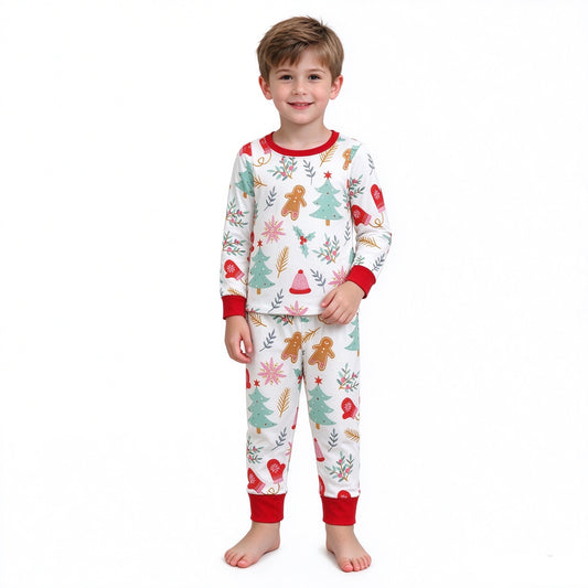 NO MOQ RTS BLP0264 Baby Girl Clothes Christmas Gingerbread Tree Mixed Print Long Sleeve Regular Pant Pajama Set 202610