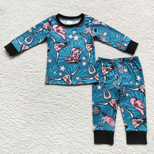 BLP0305 RTS western hat drink blue long sleeve boy pajamas outfit 20230925 RTS