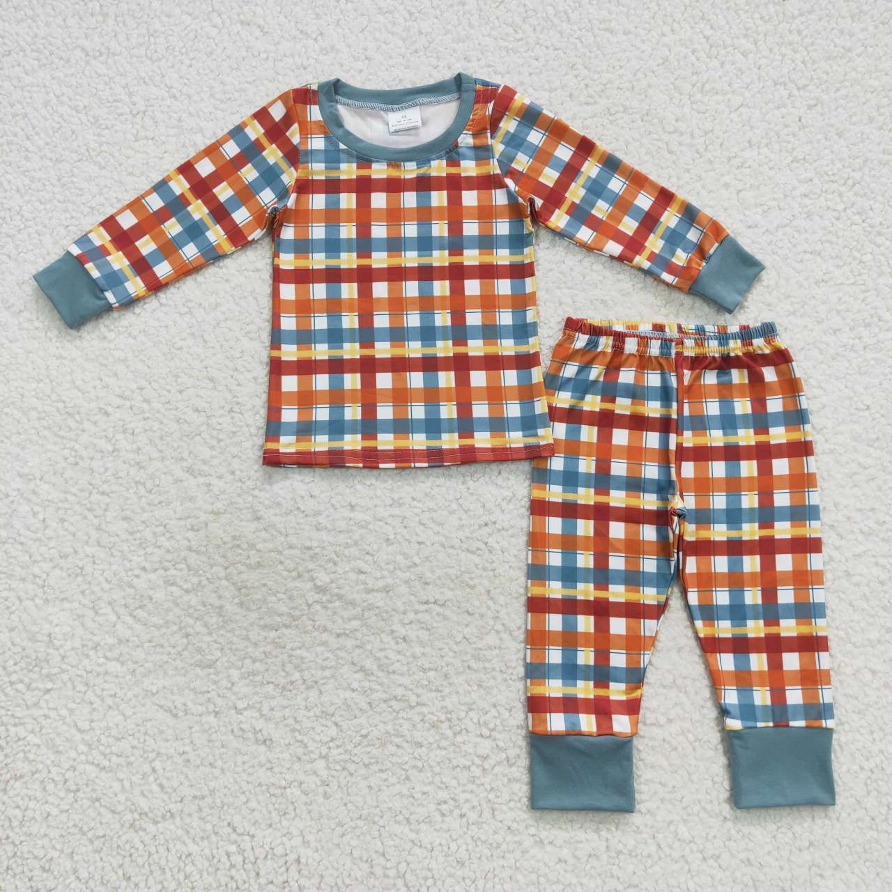 BLP0308 western checkerboard orange plaid long sleeve boy pajamas outfit RTS 20230920