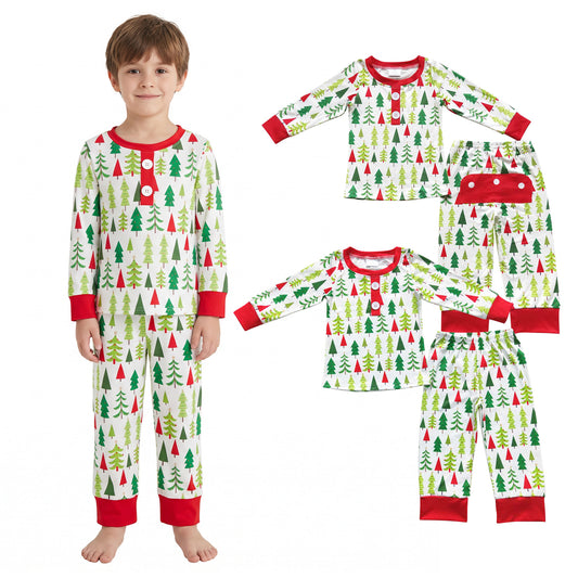 NO MOQ RTS BLP0312 Baby Boy Clothes Christmas Tree Allover Print Long Sleeve Cuff Pant Pajama Clothes Set 202610