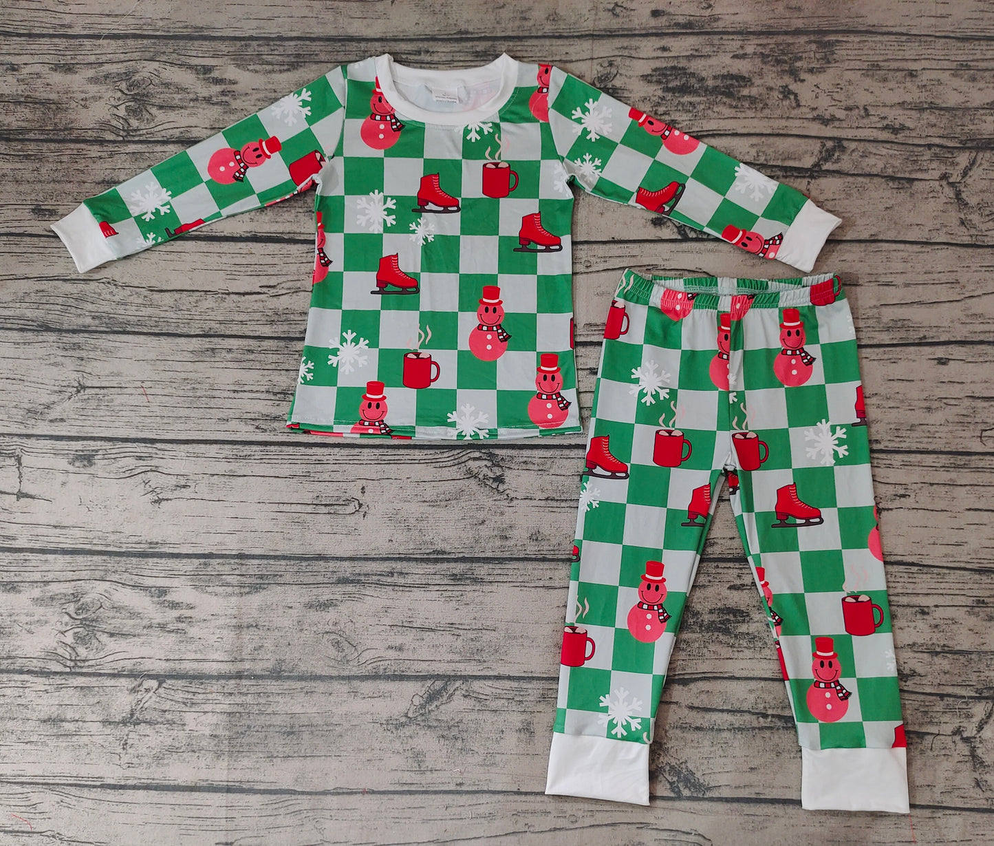 BLP0317 checkerboard snow man long sleeve boy green pajamas outfit RTS 20230917