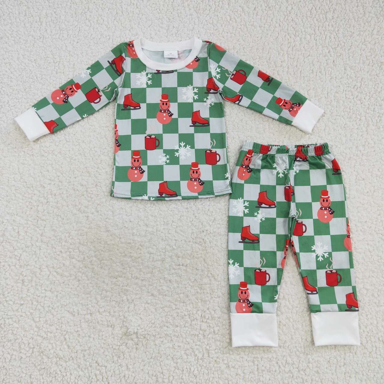 BLP0317 checkerboard snow man long sleeve boy green pajamas outfit RTS 20230917