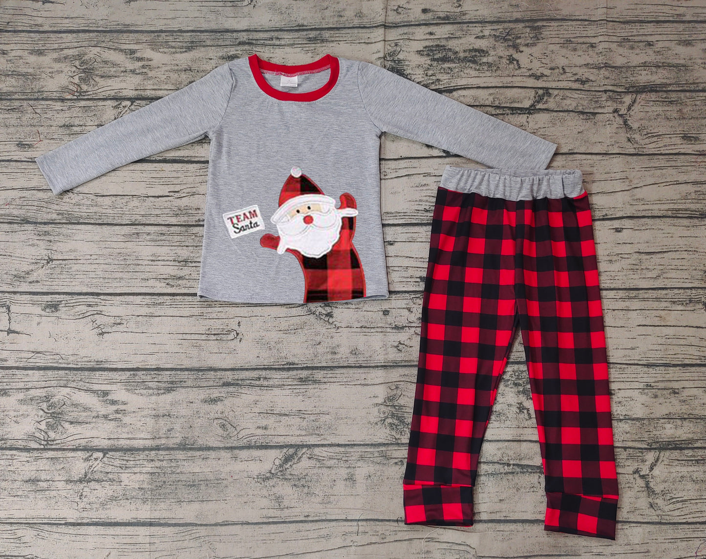 BLP0334 RTS bear Christmas embroidery santa red plaid long sleeve boy pajamas outfit  RTS 20231121