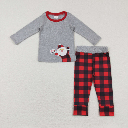 BLP0334 RTS bear Christmas embroidery santa red plaid long sleeve boy pajamas outfit  RTS 20231121