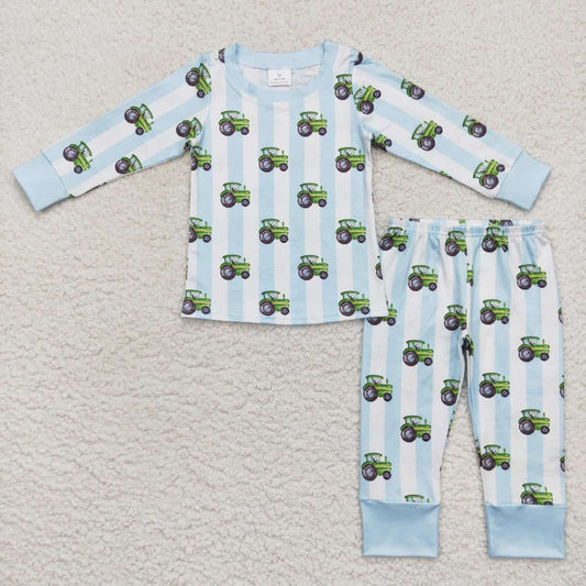 BLP0345 RTS tractor long sleeve kids boy blue pajamas outfit 202231005