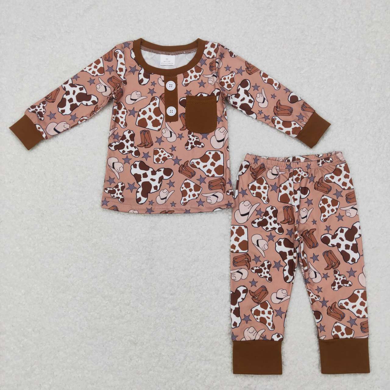 BLP0347 RTS western cow long sleeve pants brown boy outfit pajamas 20231107